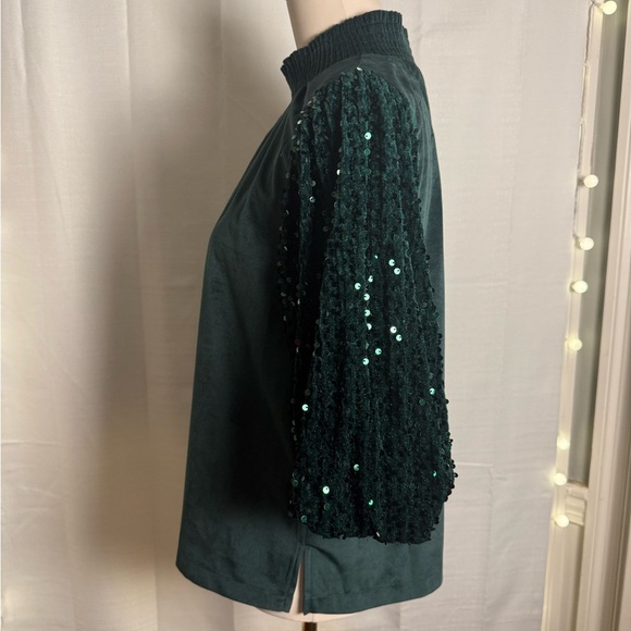 ODDY Green Pleated Sequin Blouse with Mandarin Collar - Picture 3 of 9